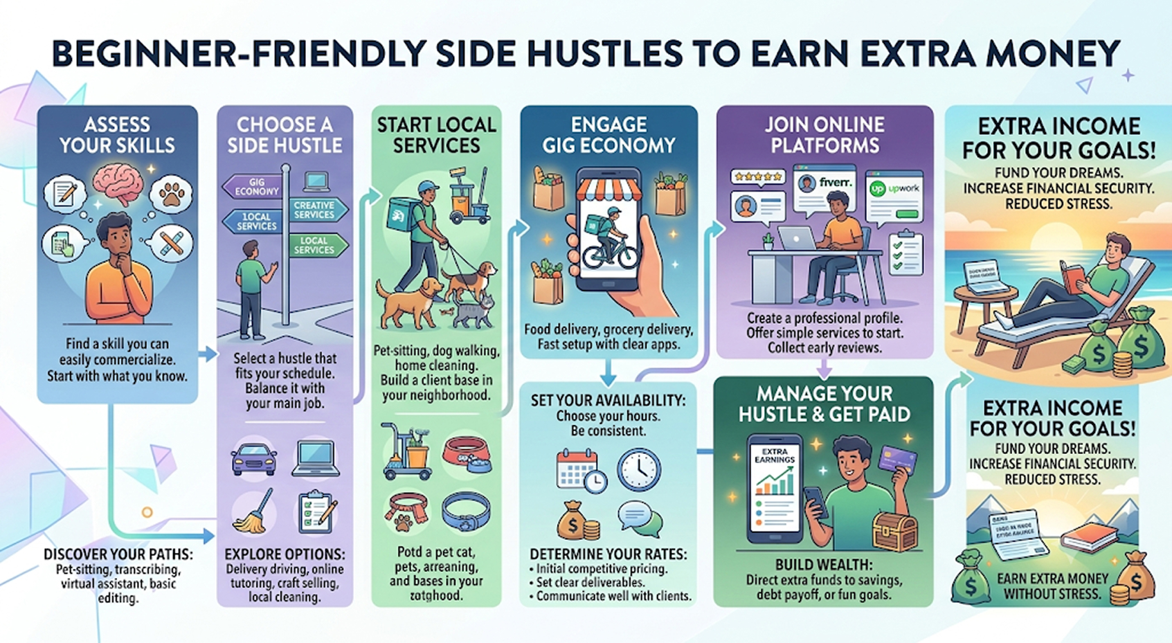 Illustration of beginner side hustles including freelancing, online selling, tutoring, and content creation