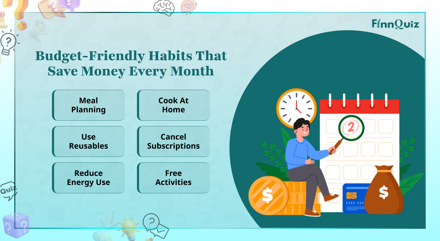 Illustration of budget-friendly habits like saving money, tracking expenses, and smart shopping