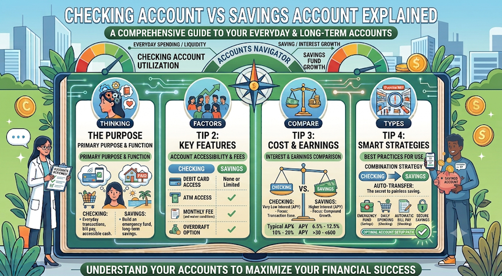 Illustration comparing a checking account and a savings account with debit cards, piggy bank, and banking features
