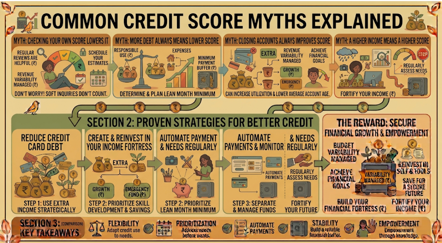 Illustration debunking common credit score myths with credit reports, score charts, and financial facts