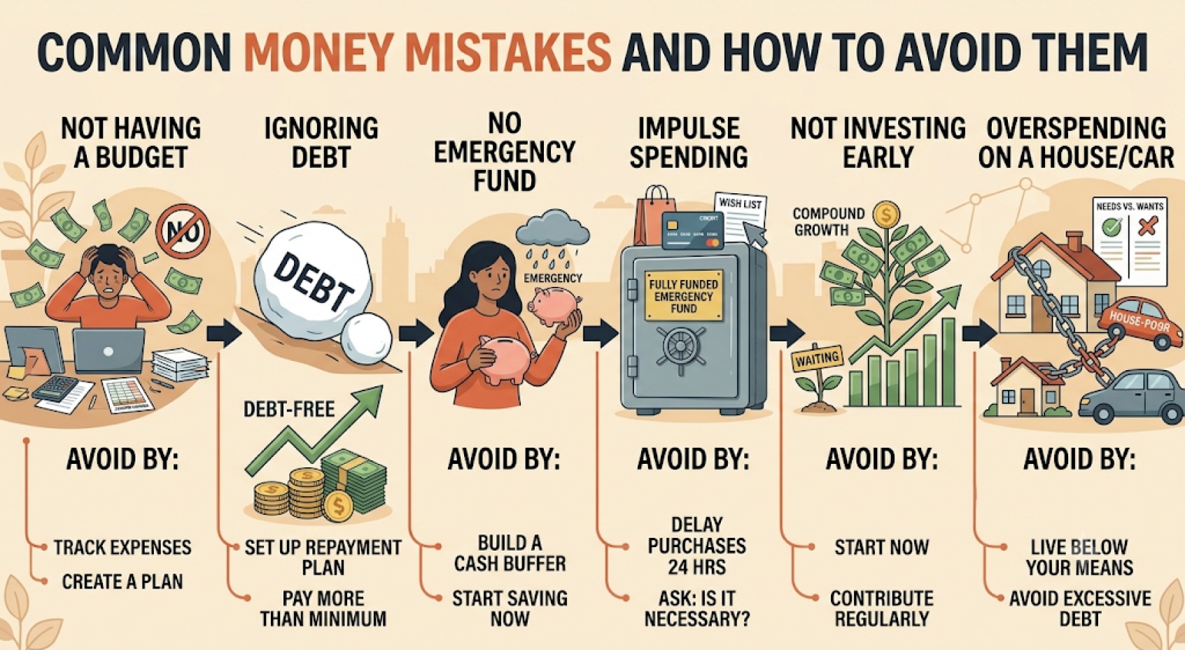 Person reviewing finances and avoiding common money mistakes