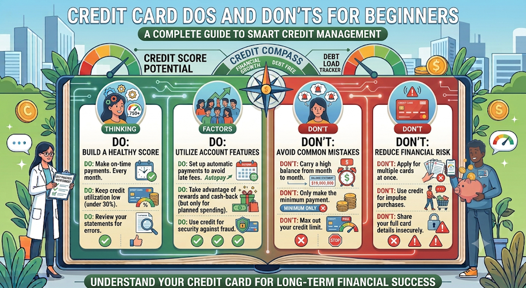 Illustration showing responsible credit card usage with payments, budgeting, and credit score improvement