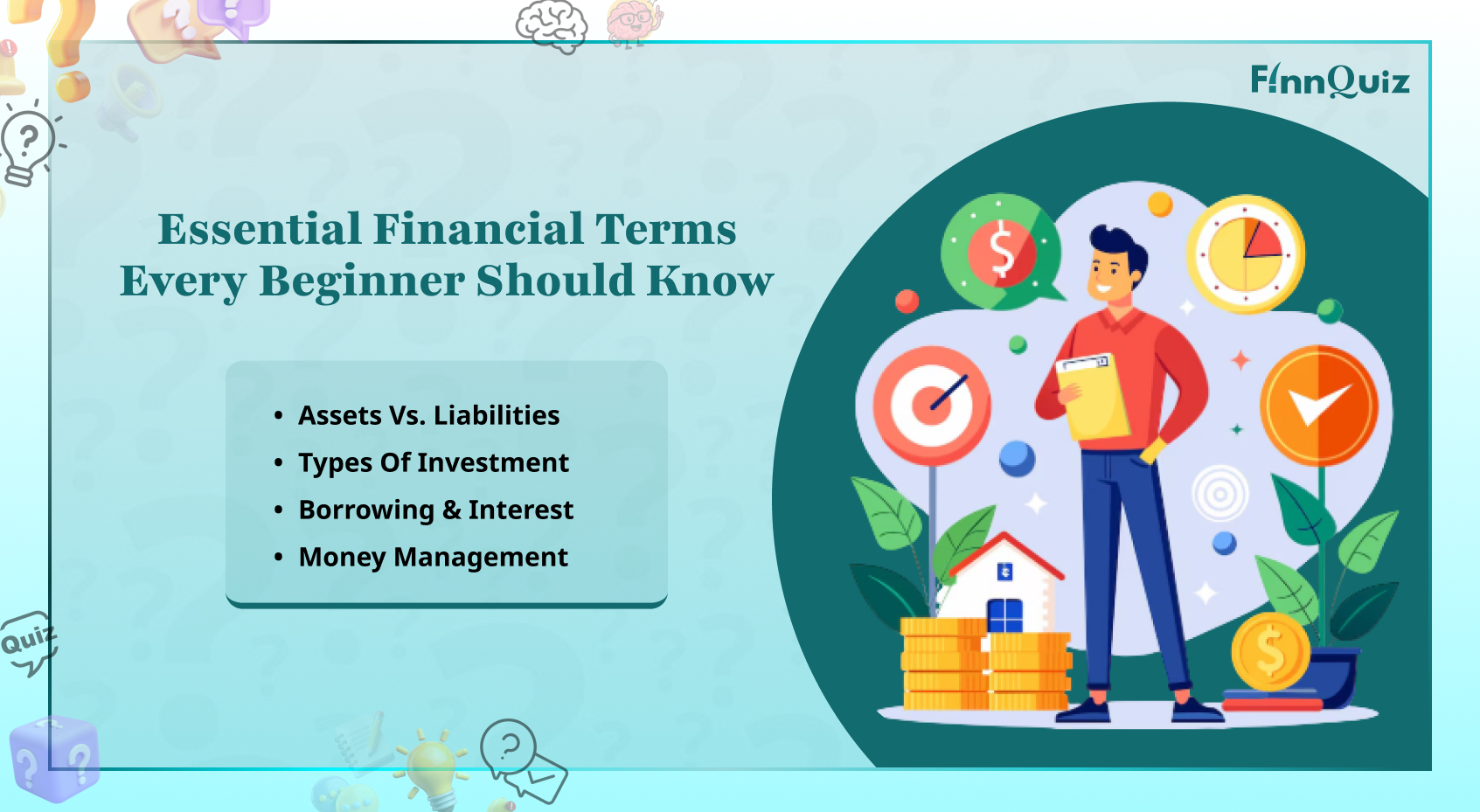 Illustration explaining common financial terms such as income, expenses, budgeting, savings, investments, credit score, and interest