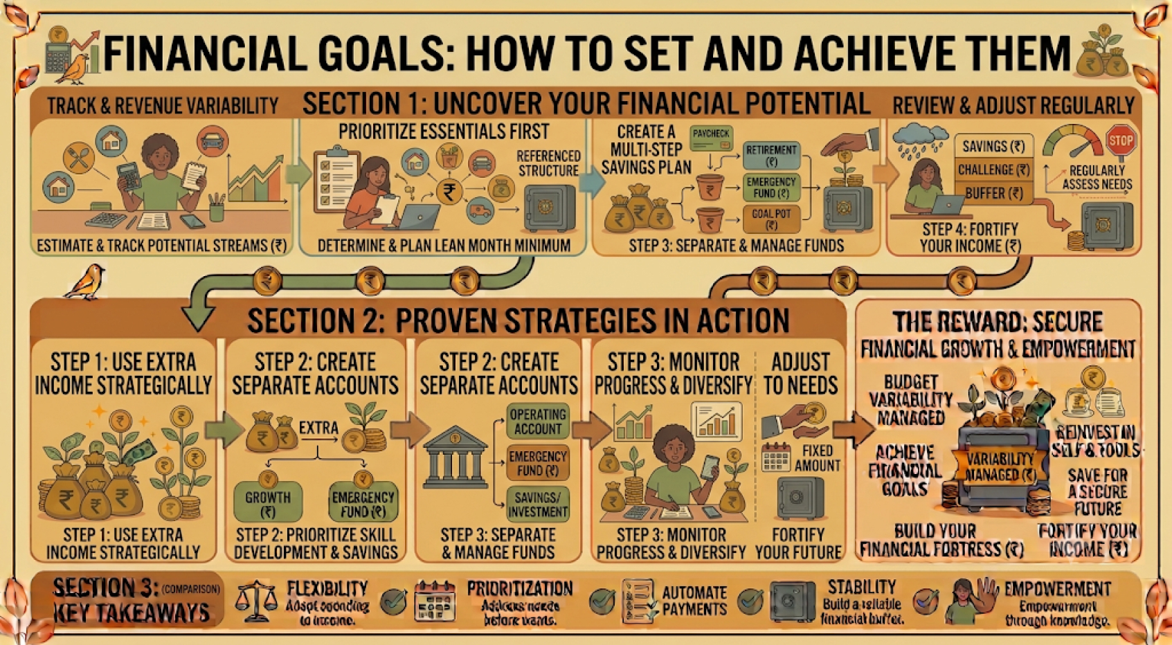 Illustration showing financial goal planning with savings, budgeting, investing, and milestone tracking