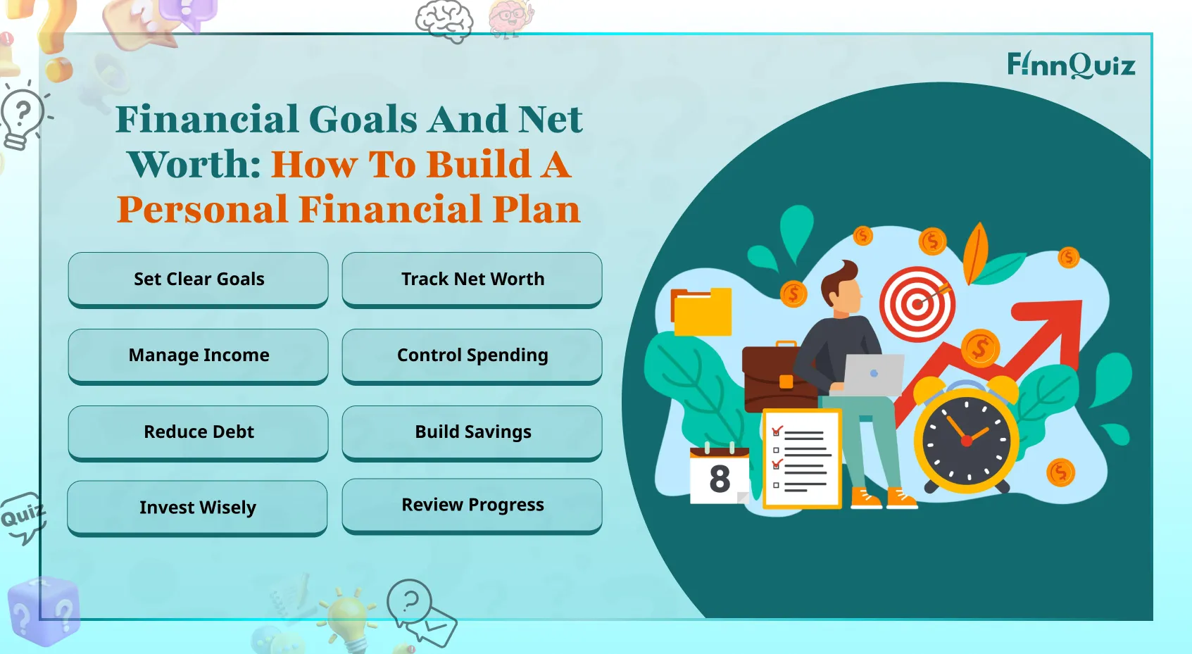 Person reviewing a financial plan with net worth calculation, goals list, and savings tracker