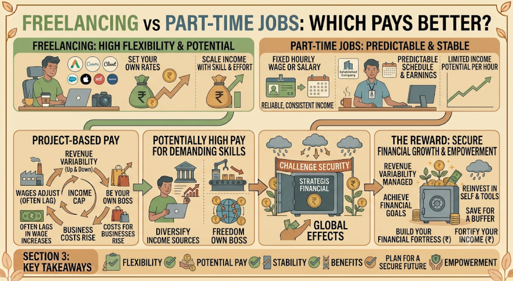 Illustration comparing freelancing and part-time jobs with income and flexibility