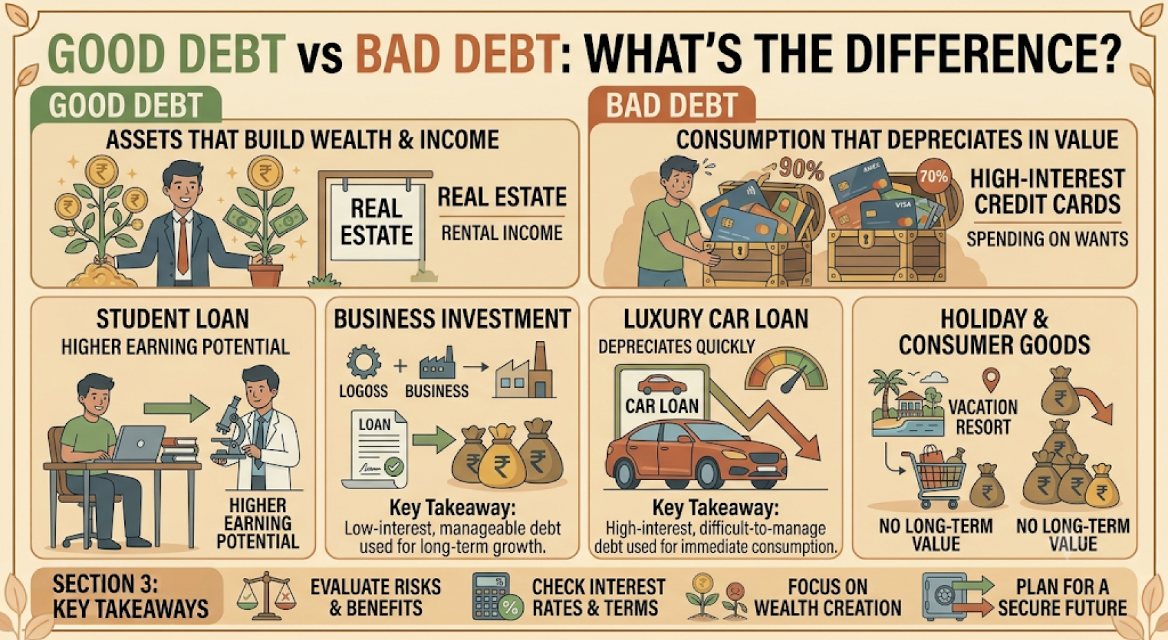 Illustration comparing good debt and bad debt with education loans, home loans, credit cards, and personal loans