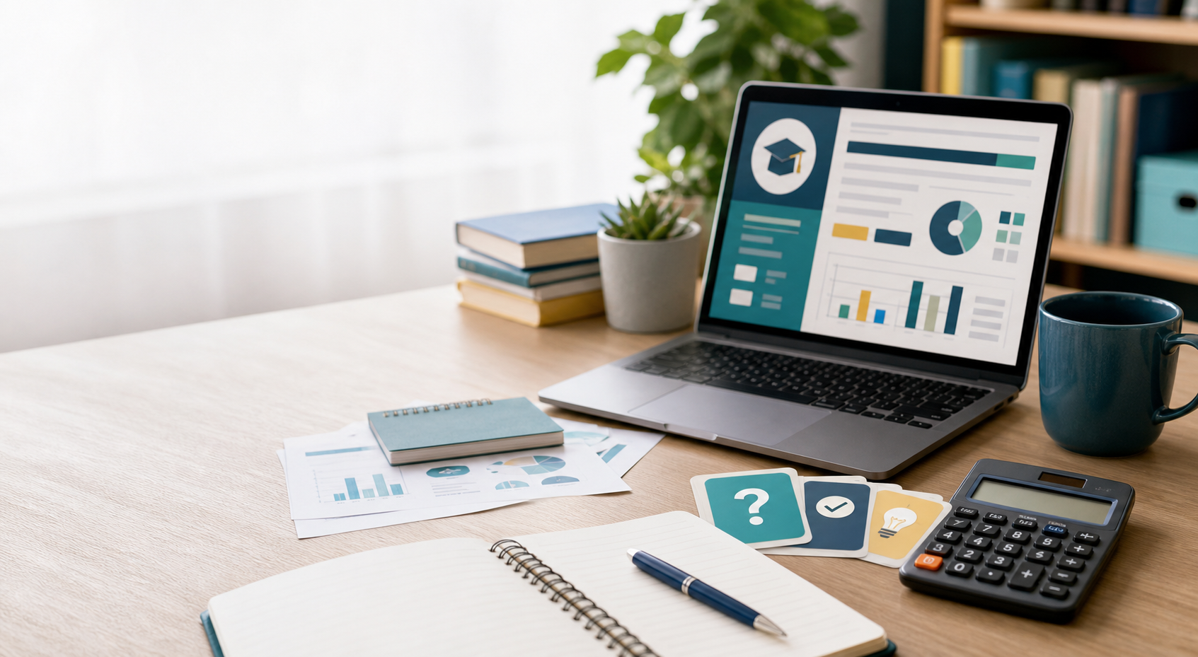 Notebook, calculator, charts, and laptop representing personal finance learning