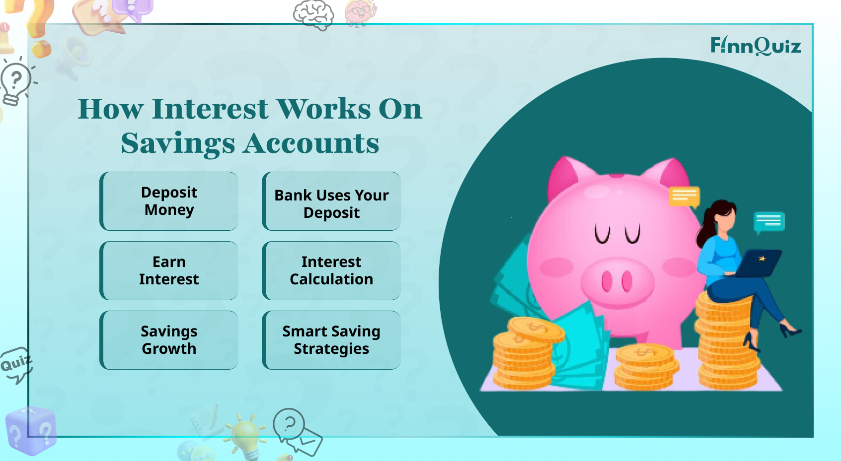 Illustration showing savings account interest growth with bank deposits, percentage rates, and compound interest