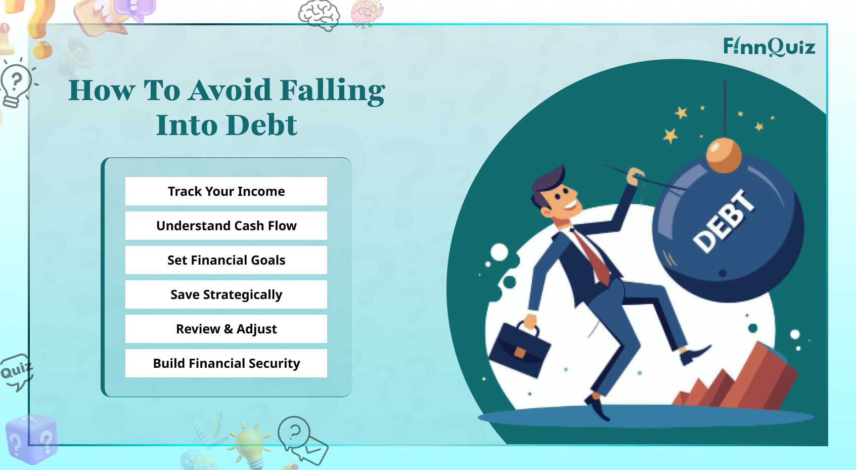 Illustration showing smart money management, budgeting, saving, and avoiding unnecessary debt