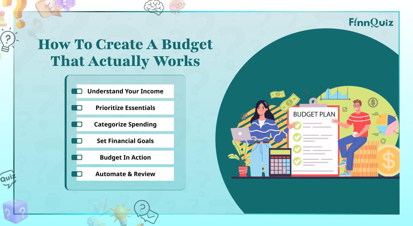 Illustration of a person creating a realistic monthly budget with income, expenses, savings, and financial goals