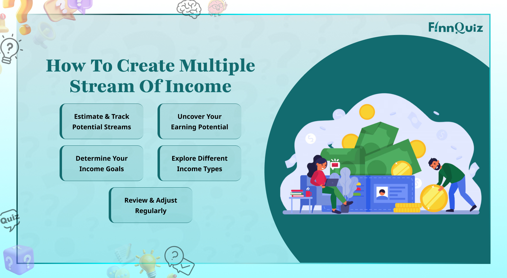 Illustration showing multiple income sources including salary, freelancing, investments, rental income, and online business