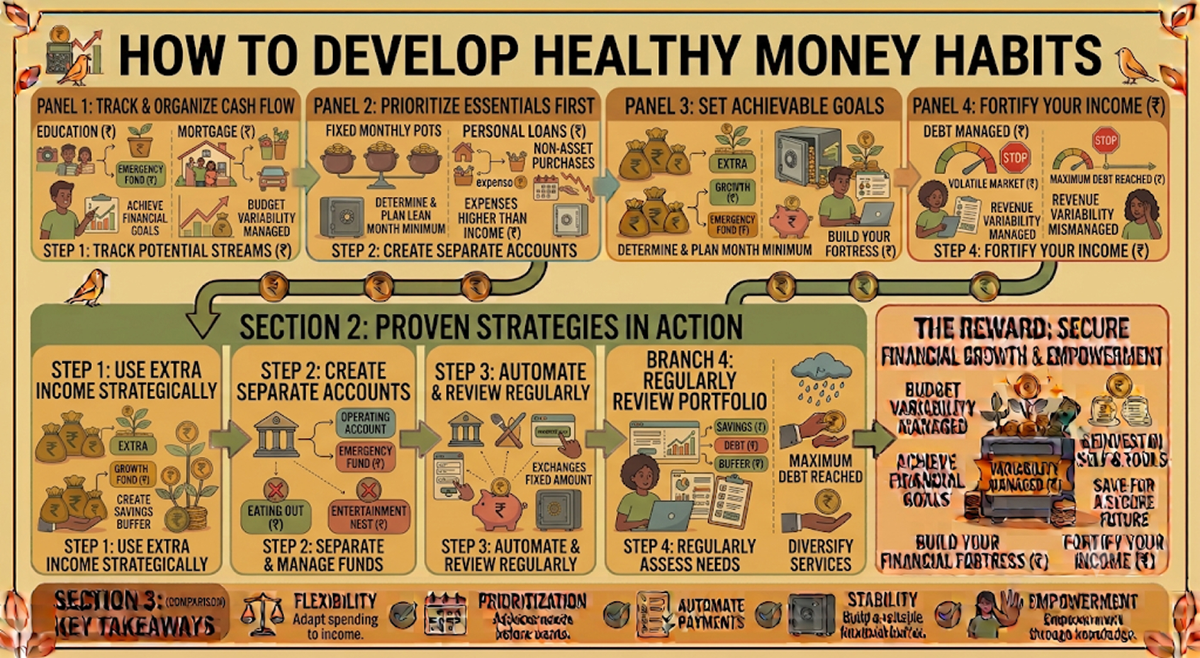 Illustration of healthy money habits including budgeting, saving, tracking expenses, and smart financial planning