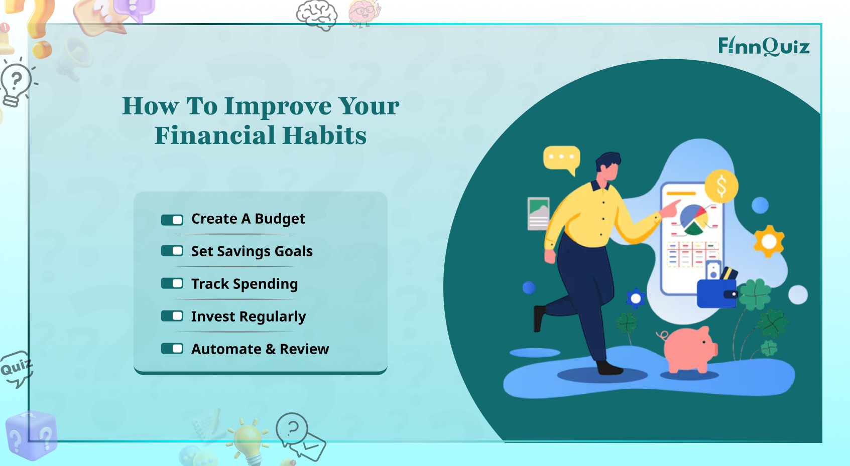 Illustration showing healthy financial habits such as budgeting, saving, tracking expenses, and investing
