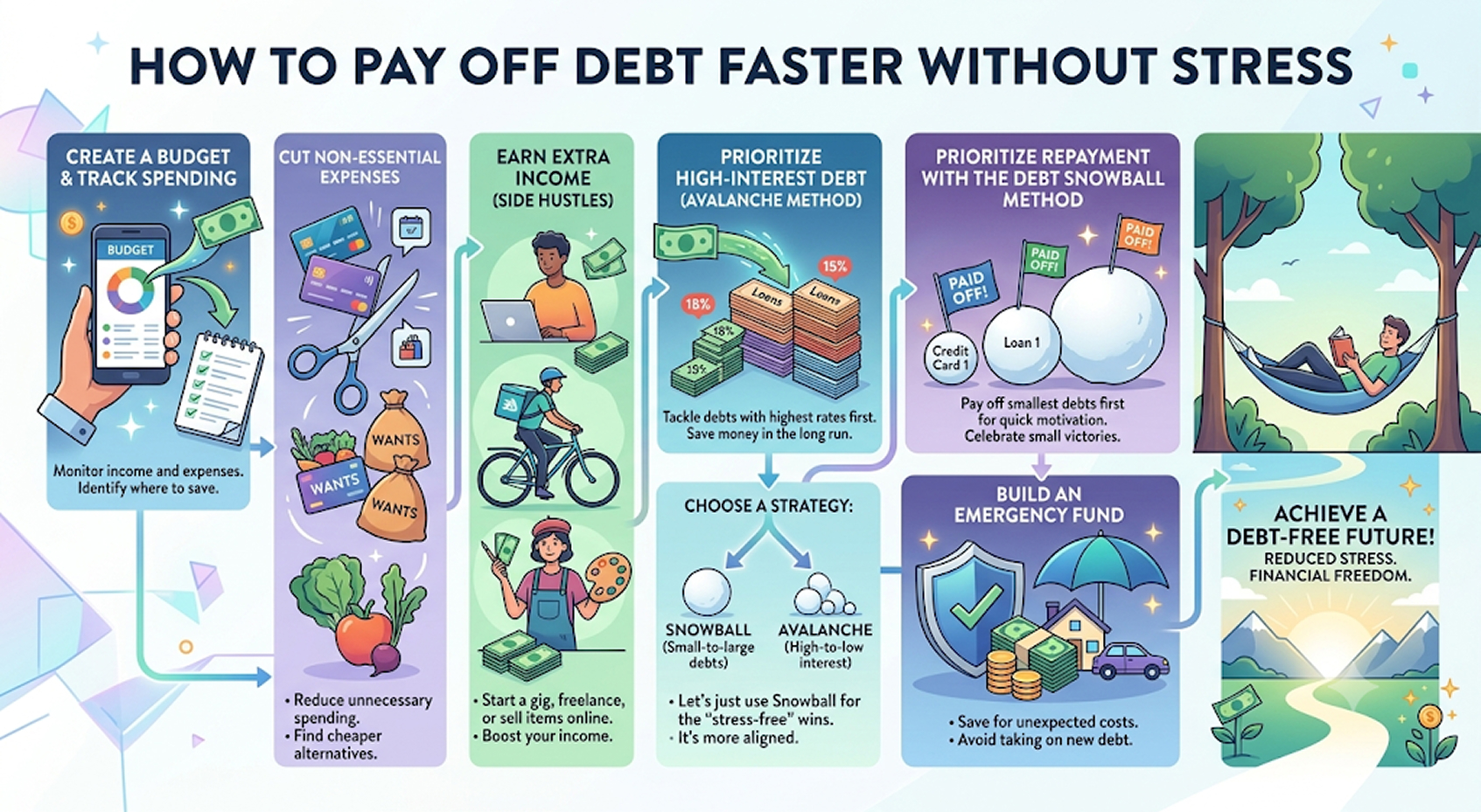 Illustration showing debt repayment with bills, payment tracker, budgeting, and financial progress