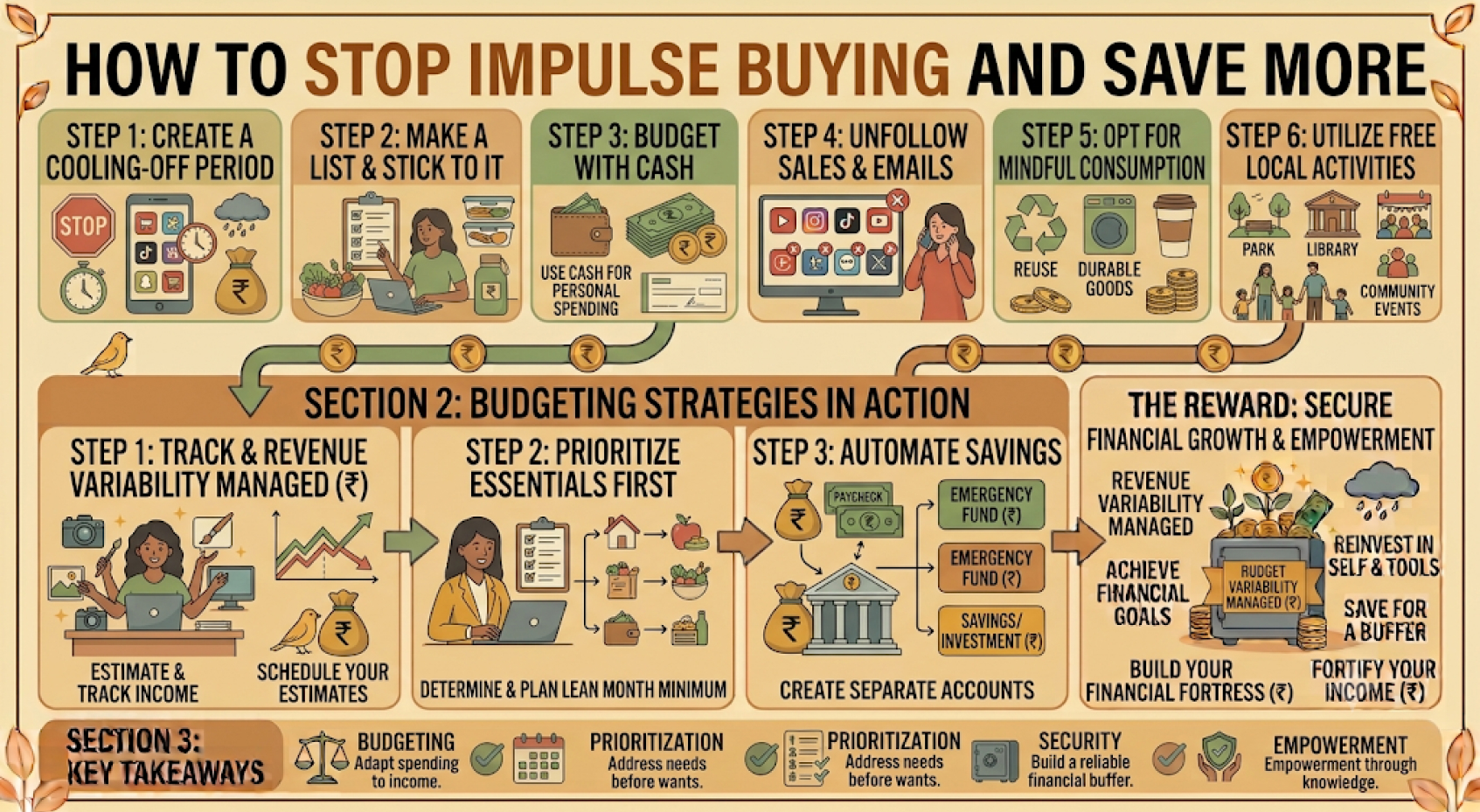 Person resisting impulse purchases while saving money with a budget plan and piggy bank