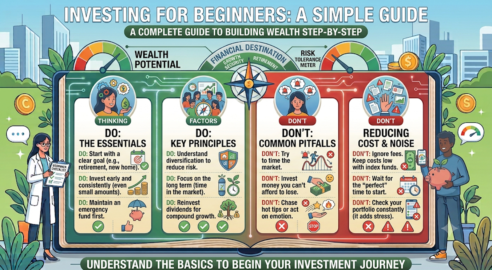 Illustration showing beginner investing with stocks, mutual funds, savings growth, and financial planning