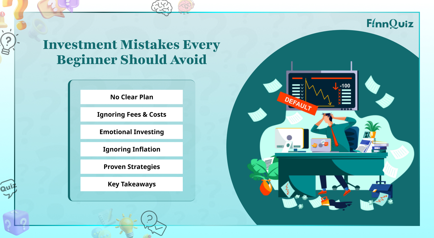 Illustration showing common beginner investment mistakes such as emotional investing, lack of diversification, and poor financial planning
