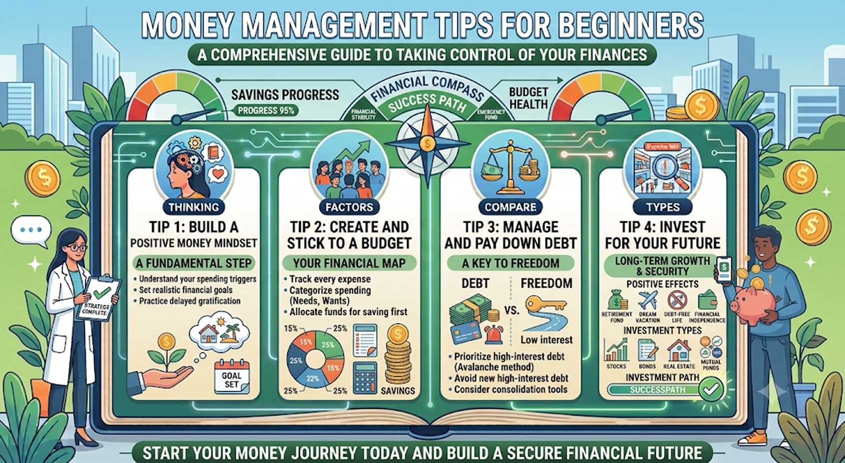 Illustration of beginner money management with budgeting, saving, expense tracking, and financial planning