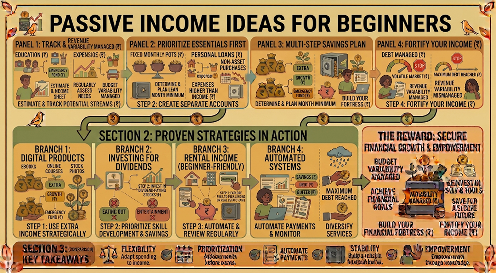 Illustration showing passive income sources such as investments, rental property, digital products, and online businesses