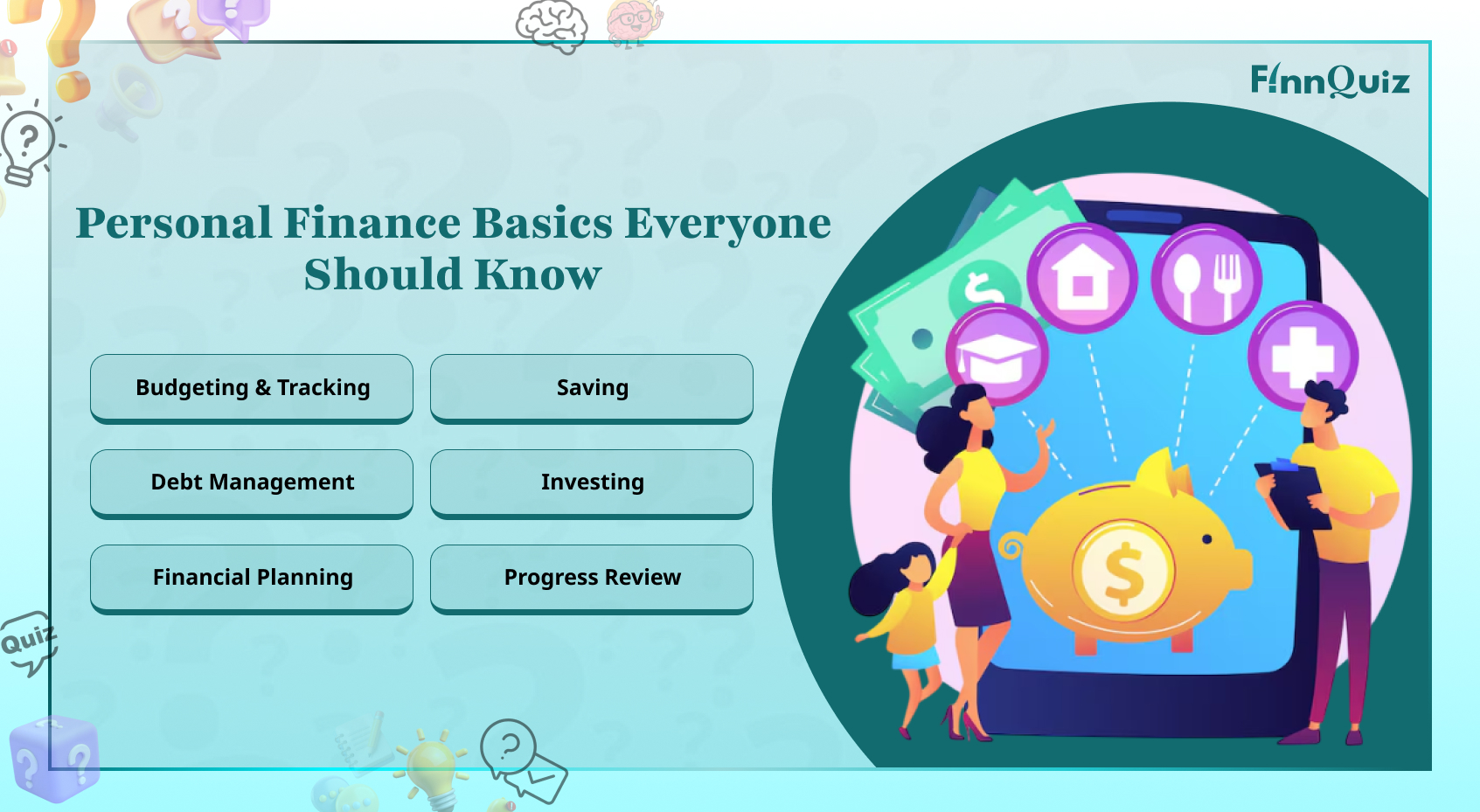 Illustration of personal finance basics including budgeting, saving, investing, and financial planning