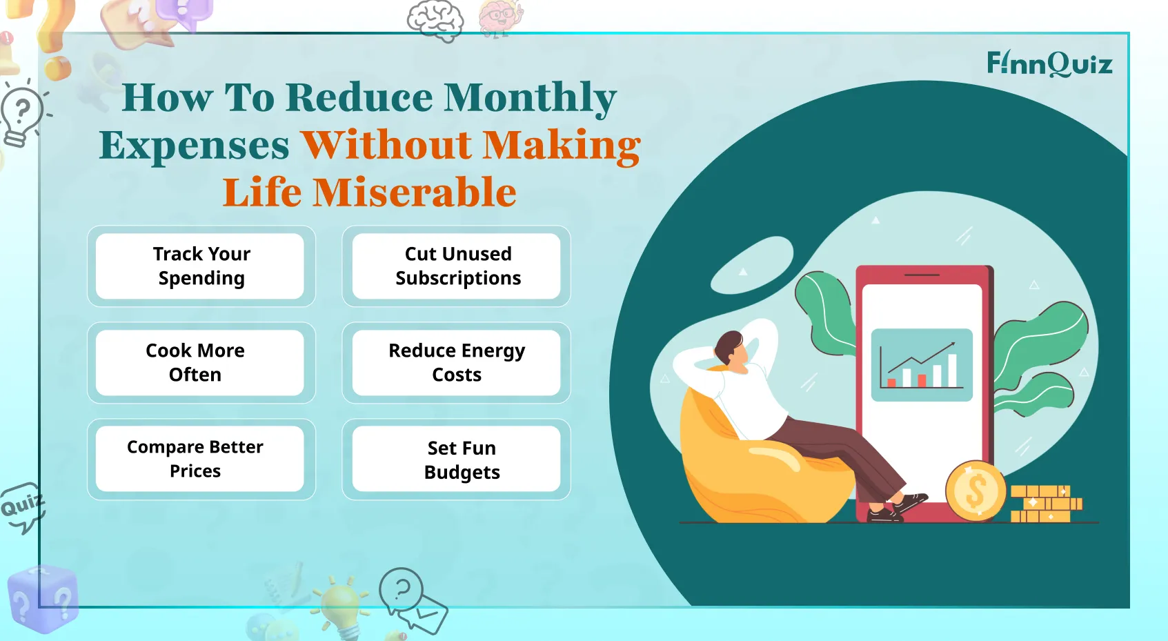 Person cutting a monthly budget with scissors, surrounded by bills and savings jar, smiling