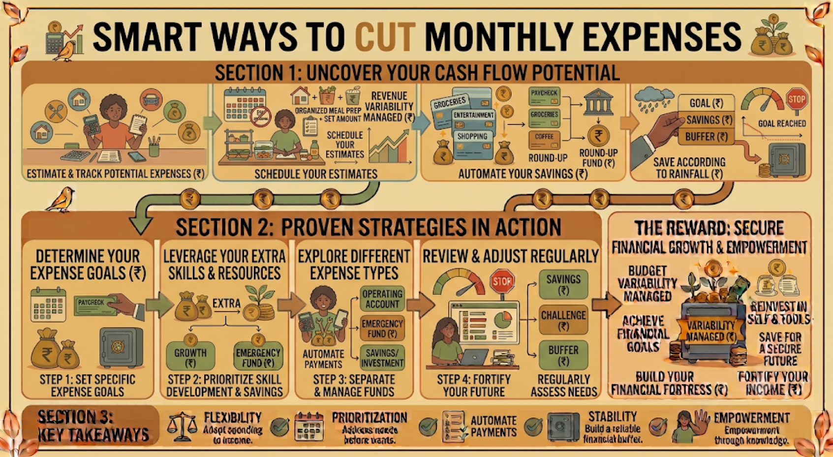 Illustration showing monthly expense reduction with budgeting, bills, groceries, subscriptions, and savings