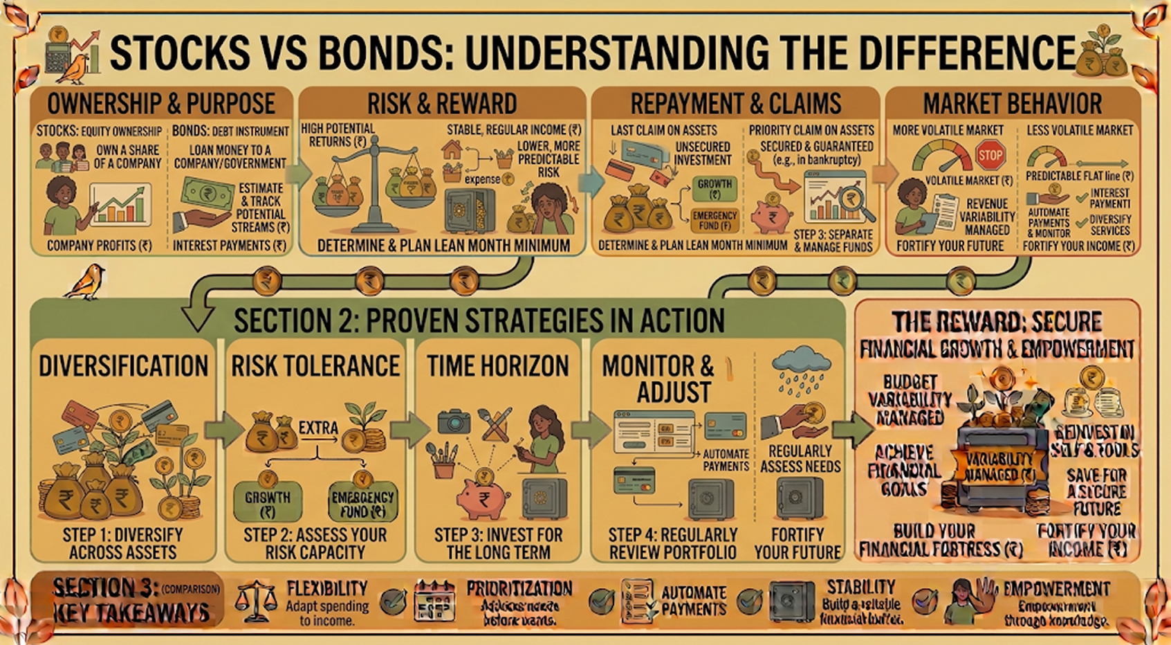 Illustration comparing stocks and bonds with investment charts, company shares, and fixed-income securities