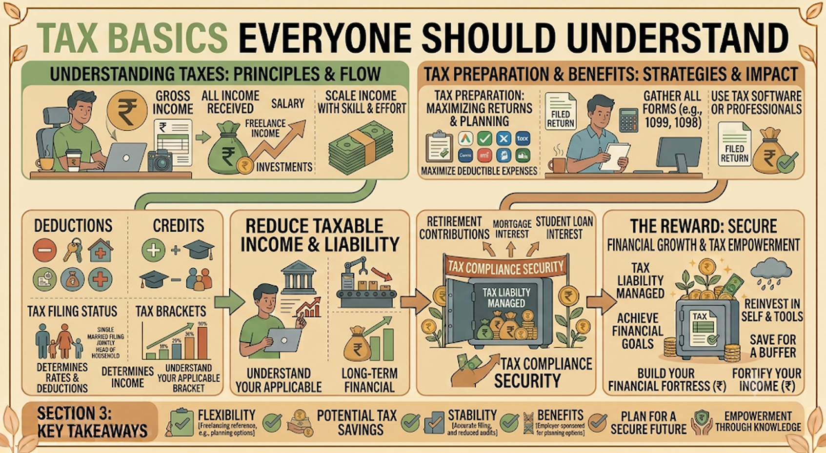 Illustration explaining tax basics with income, receipts, and financial documents