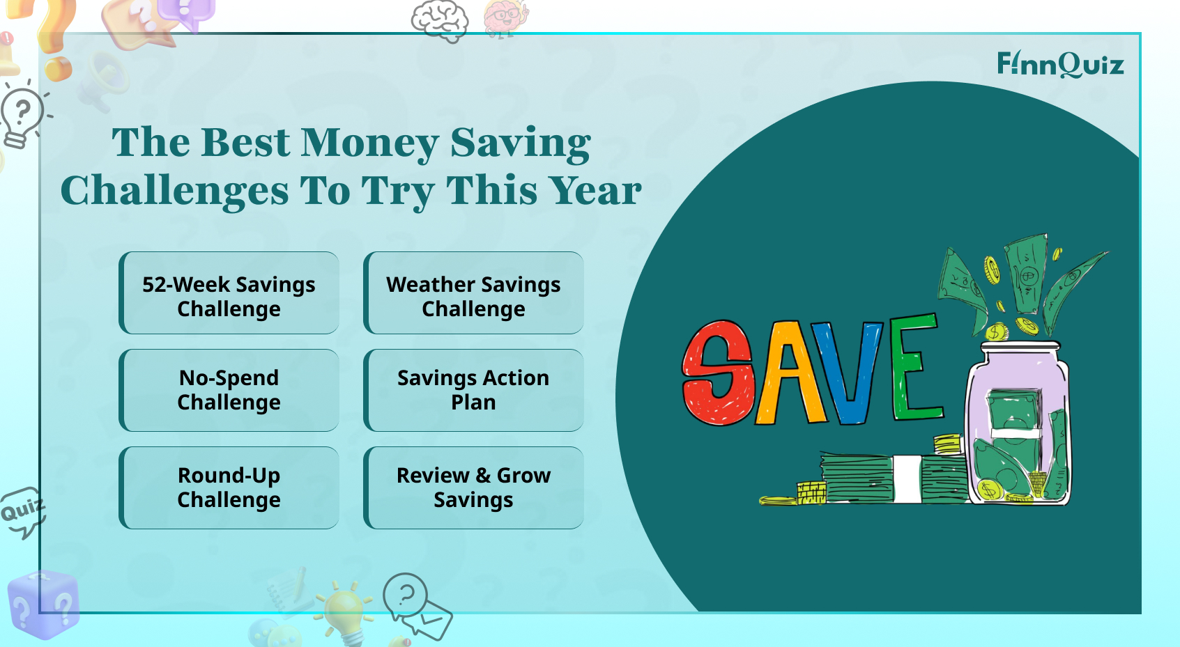 Illustration of popular money-saving challenges with a savings jar, calendar, piggy bank, and growing coins