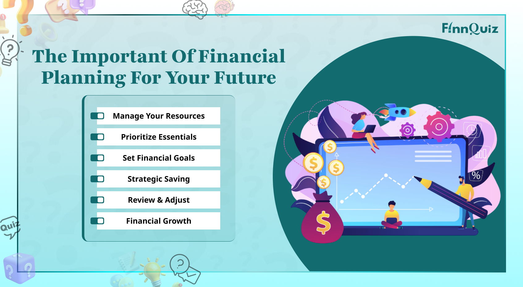 Illustration showing financial planning with budgeting, savings, investing, insurance, and retirement goals
