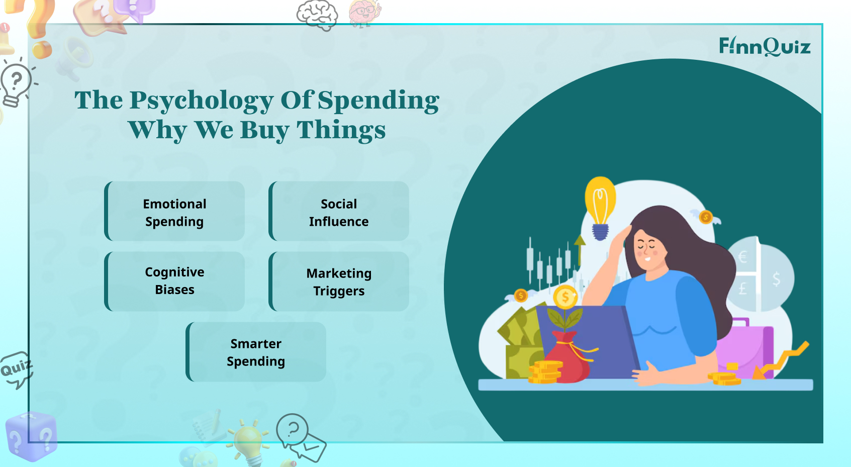 Illustration showing emotional spending, shopping decisions, marketing influences, and mindful money management