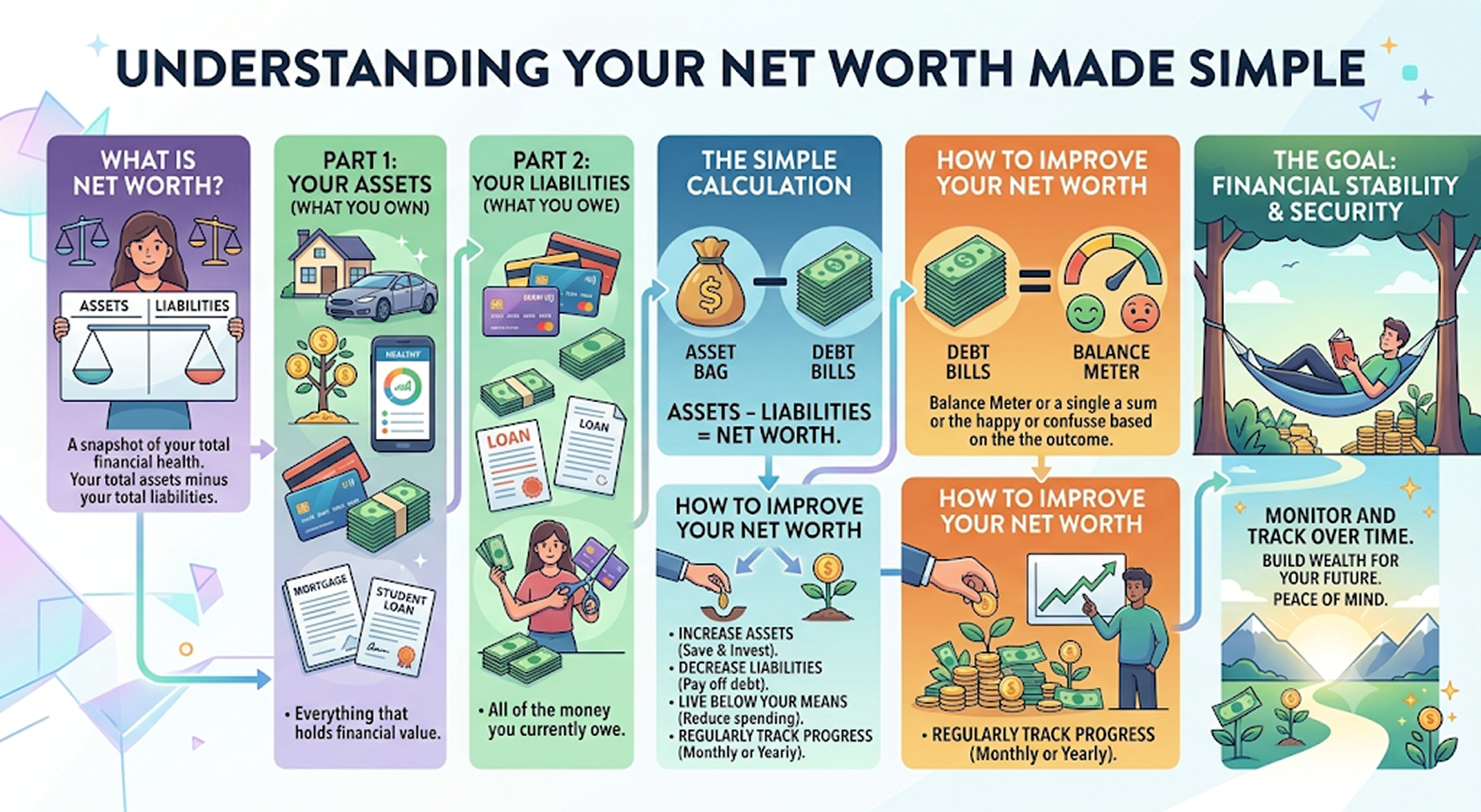 Illustration showing assets, liabilities, calculator, and financial statements used to calculate net worth