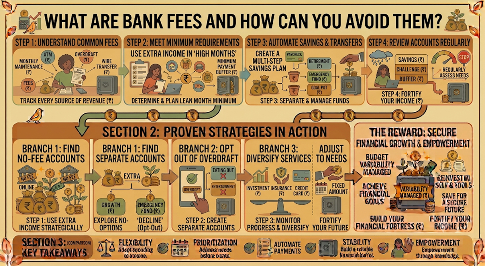 Illustration showing common bank fees including ATM charges, maintenance fees, overdraft fees, and ways to avoid them